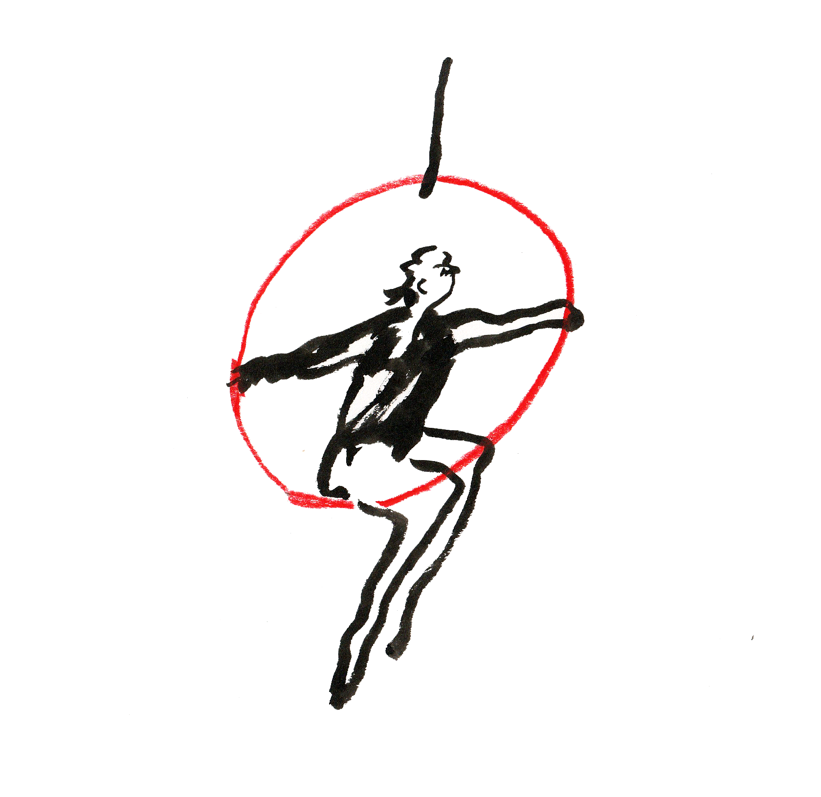 A hand-drawn GIF of a person sitting on a circus hoop, which twirls on itself. The hoop is red and the rest of the drawing in in black ink.