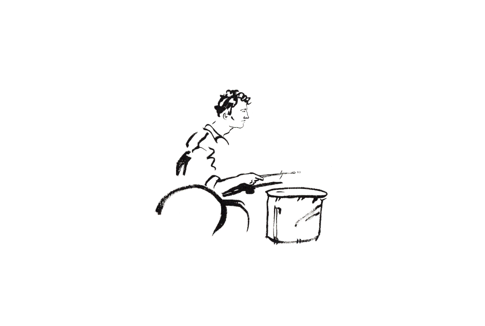 GIF: Black illustration of a young man and wheelchair user playing the drums.