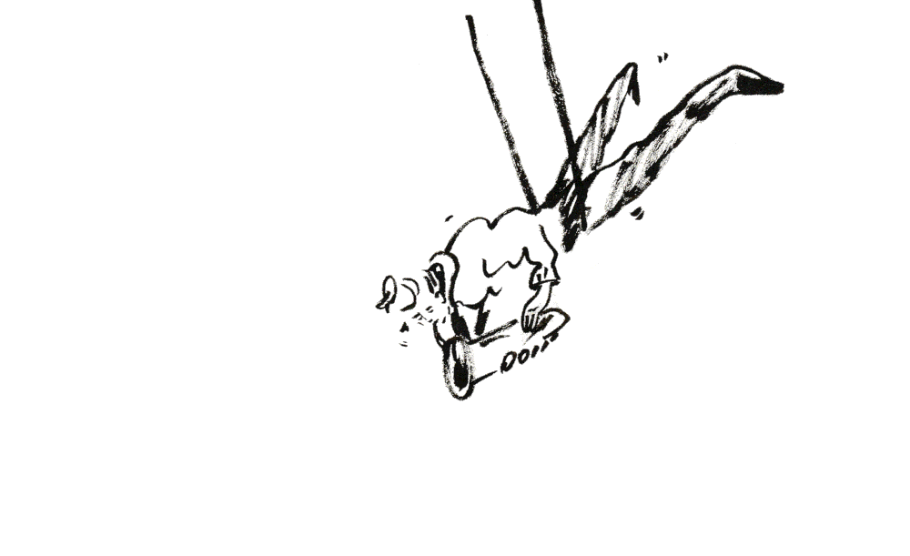 GIF: Black illustration of a person hanging from a trapeze, balanced on their belly, while playing the saxophone.