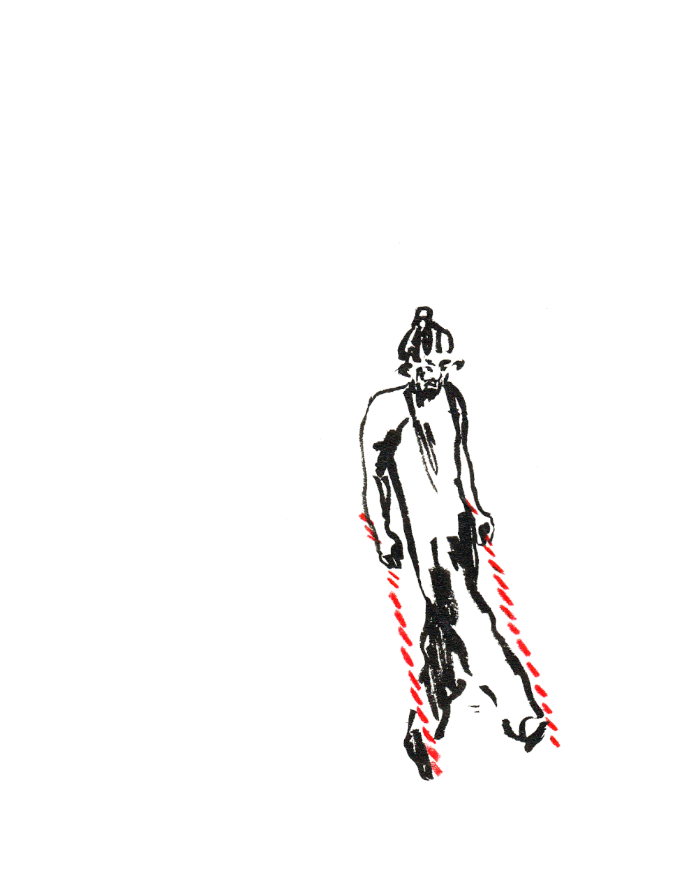 GIF: Black and red illustration on a man performing a handstand on his crutches. The crutches are red and white.