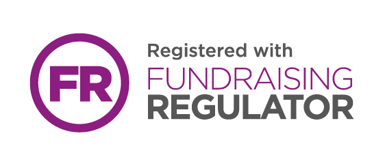 Fundraising Regulator logo: a purple circle with purple capital letters in it "FR". On the right, grey and purple text reads: "Registered with Fundraising Regulator".