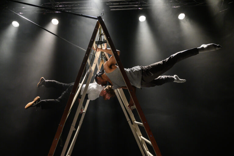 Two performers gracefully balancing betwixt a ladder. Their bodies are parallel to the ground as their heads face each other’s and their legs spread outwards on either side of the ladder. The first performer is a young black man wearing a black bandana, grey tank top, black joggers and grey socks. The second performer is a young white man sporting a beard wearing a white t-shirt, black jeans and black sneakers.